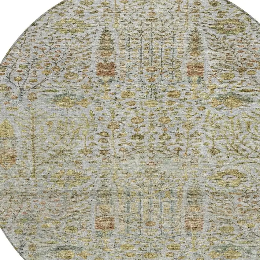 8' Linen And Gold Round Floral Washable Indoor Outdoor Area Rug Photo 4