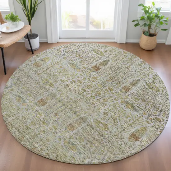 8' Linen And Gold Round Floral Washable Indoor Outdoor Area Rug Photo 6