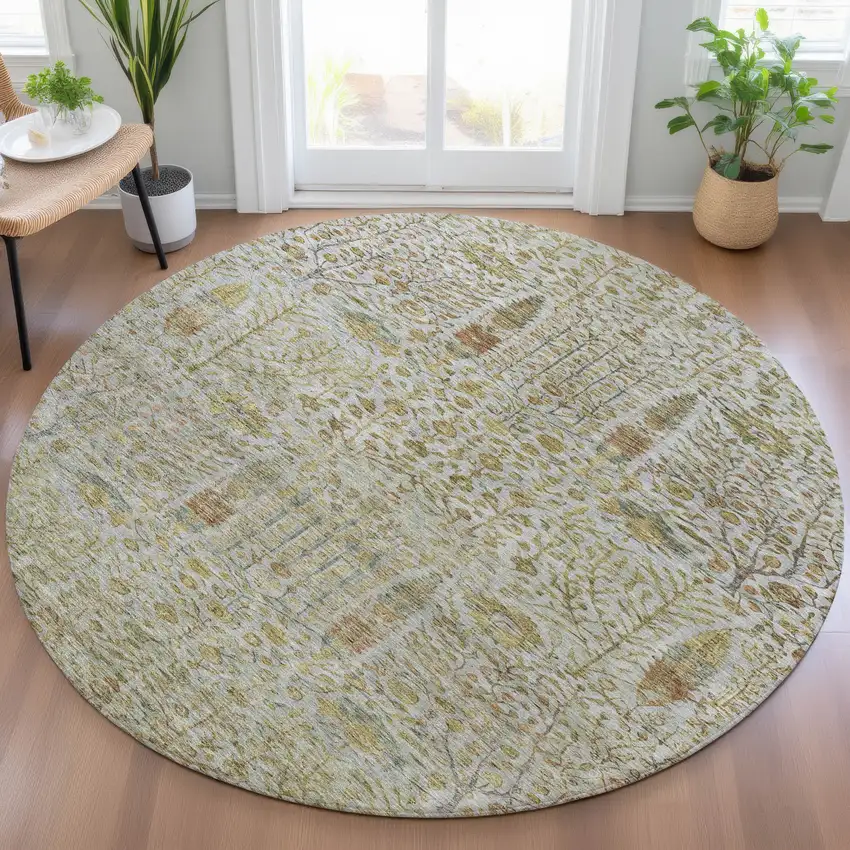 8' Linen And Gold Round Floral Washable Indoor Outdoor Area Rug Photo 6