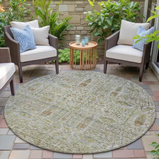 8' Linen And Gold Round Floral Washable Indoor Outdoor Area Rug Photo 5