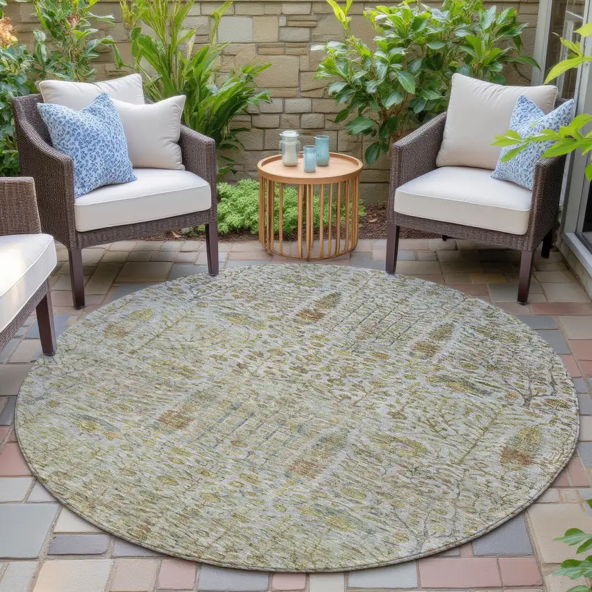 8' Linen And Gold Round Floral Washable Indoor Outdoor Area Rug Photo 5