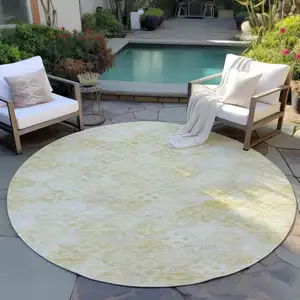 Photo of 8' Linen And Gold Round Geometric Washable Indoor Outdoor Area Rug