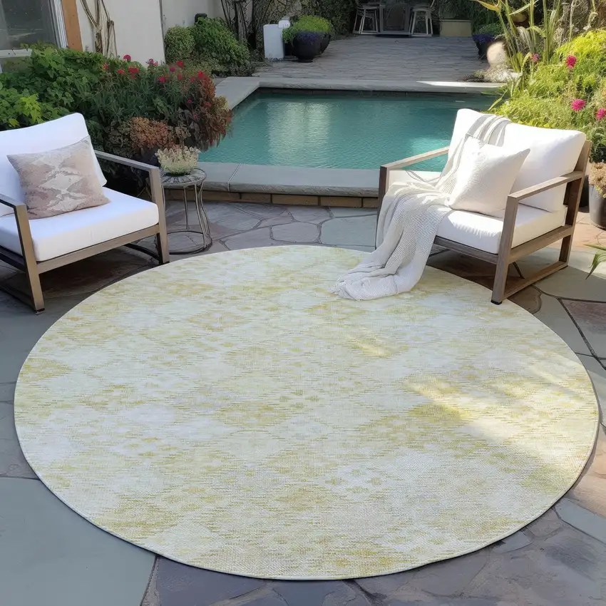 8' Linen And Gold Round Geometric Washable Indoor Outdoor Area Rug Photo 7