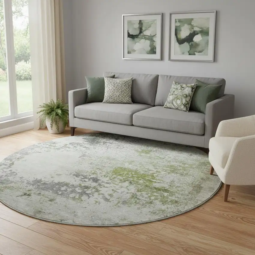 8' Linen And Gray Abstract Washable Round Rug With UV Protection Photo 2