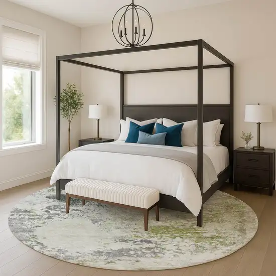 8' Linen And Gray Abstract Washable Round Rug With UV Protection Photo 5