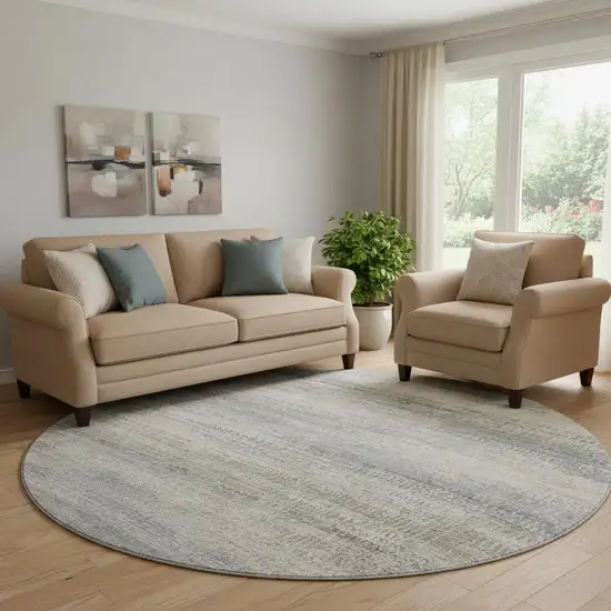 8' Linen And Gray Abstract Washable Round Rug With UV Protection Photo 2