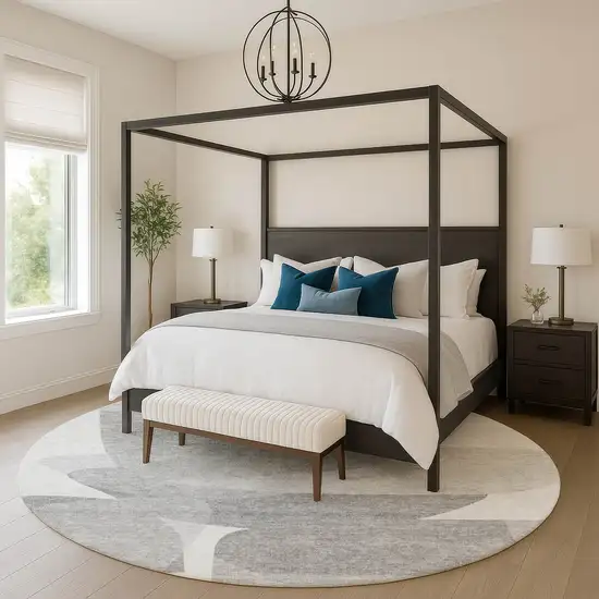 8' Linen And Gray Abstract Washable Round Rug With UV Protection Photo 5