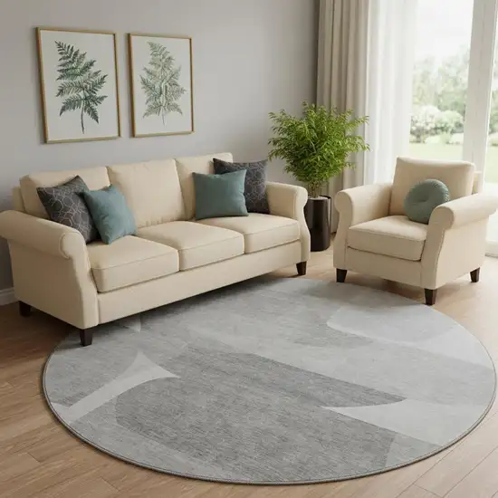 8' Linen And Gray Abstract Washable Round Rug With UV Protection Photo 2