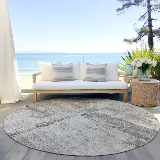 8' Linen And Gray Round Abstract Washable Indoor Outdoor Area Rug Photo 6