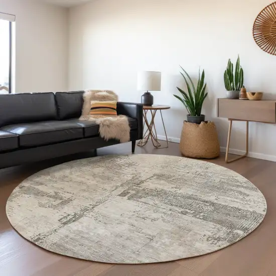 8' Linen And Gray Round Abstract Washable Indoor Outdoor Area Rug Photo 7