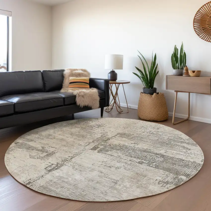 8' Linen And Gray Round Abstract Washable Indoor Outdoor Area Rug Photo 7