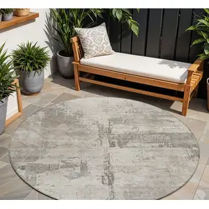 Photo of 8' Linen And Gray Round Abstract Washable Indoor Outdoor Area Rug