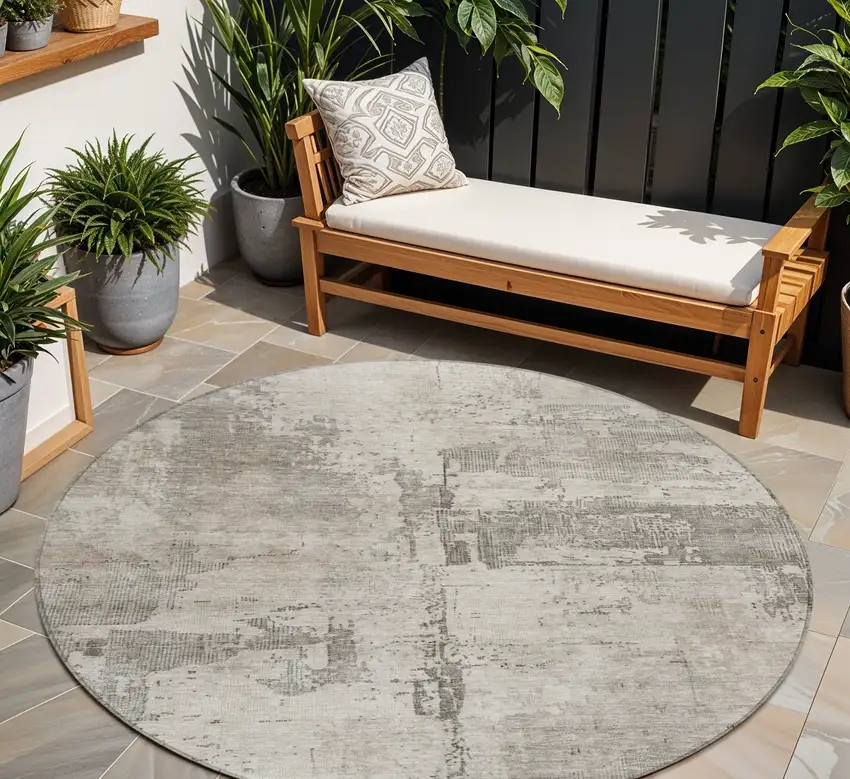 8' Linen And Gray Round Abstract Washable Indoor Outdoor Area Rug Photo 1