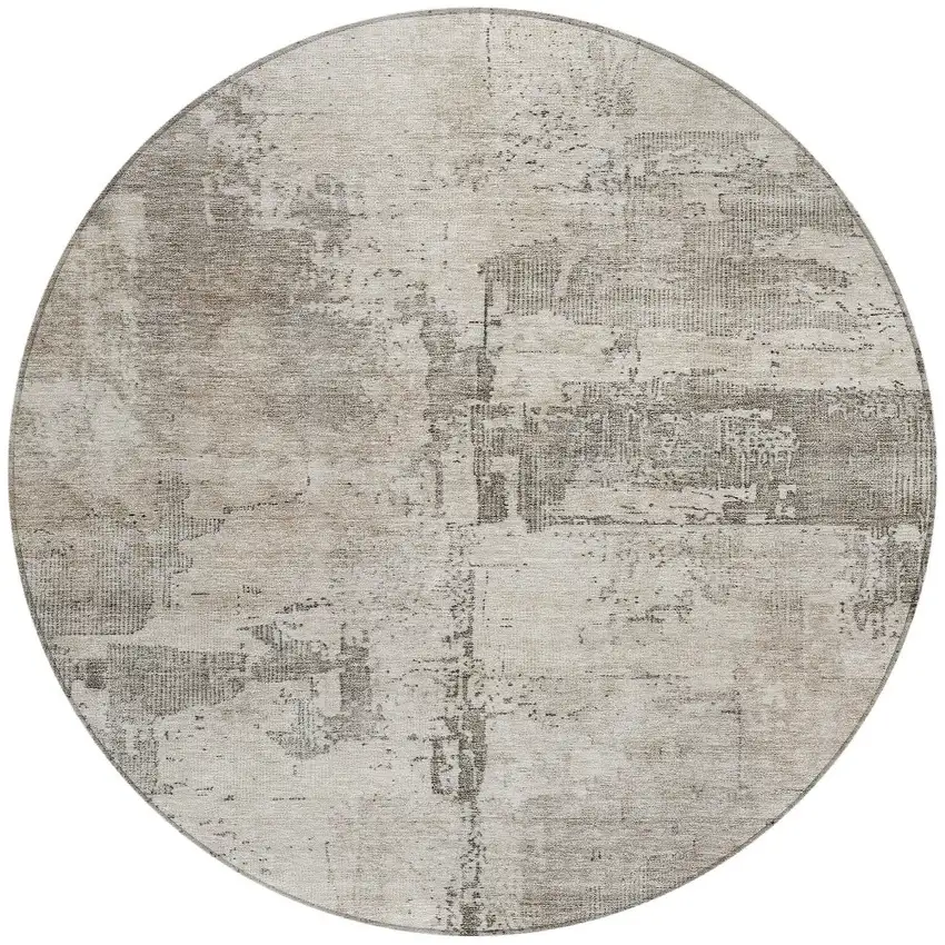 8' Linen And Gray Round Abstract Washable Indoor Outdoor Area Rug Photo 5