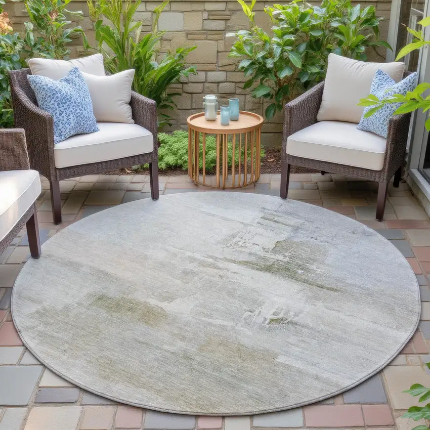 8' Linen And Gray Round Abstract Washable Indoor Outdoor Area Rug Photo 6