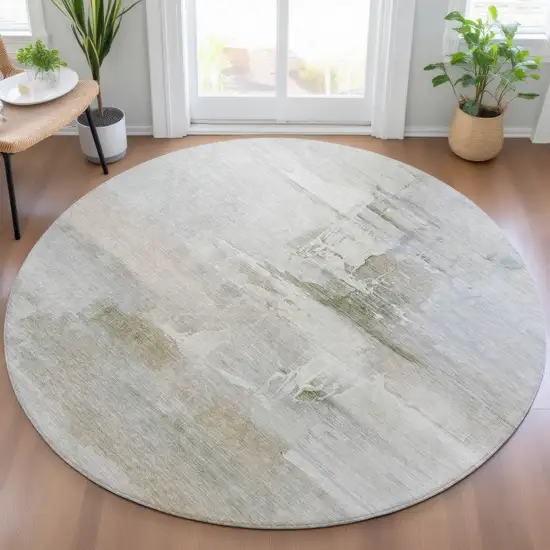 8' Linen And Gray Round Abstract Washable Indoor Outdoor Area Rug Photo 5