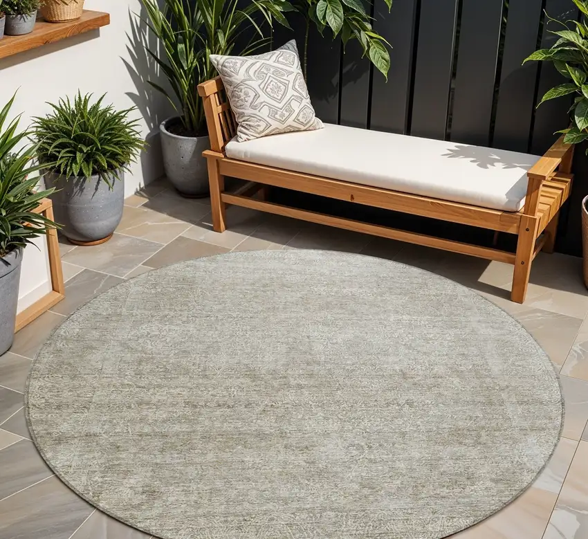 8' Linen And Gray Round Floral Washable Indoor Outdoor Area Rug Photo 1