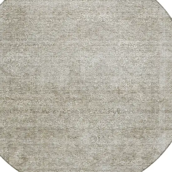 8' Linen And Gray Round Floral Washable Indoor Outdoor Area Rug Photo 4