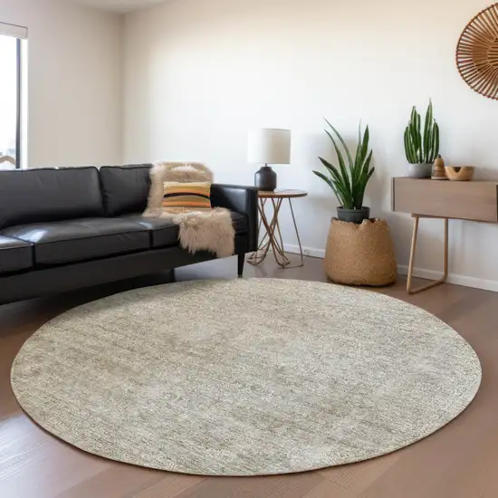 8' Linen And Gray Round Floral Washable Indoor Outdoor Area Rug Photo 7