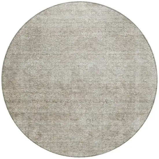 8' Linen And Gray Round Floral Washable Indoor Outdoor Area Rug Photo 5
