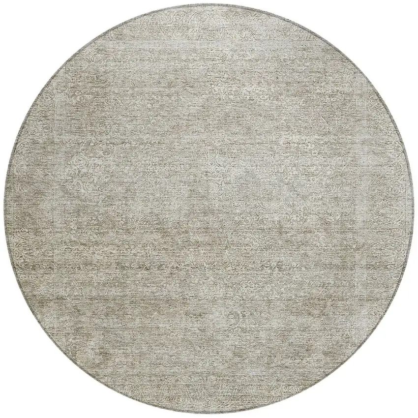 8' Linen And Gray Round Floral Washable Indoor Outdoor Area Rug Photo 5