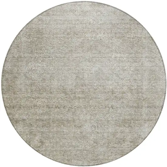 8' Linen And Gray Round Floral Washable Indoor Outdoor Area Rug Photo 2