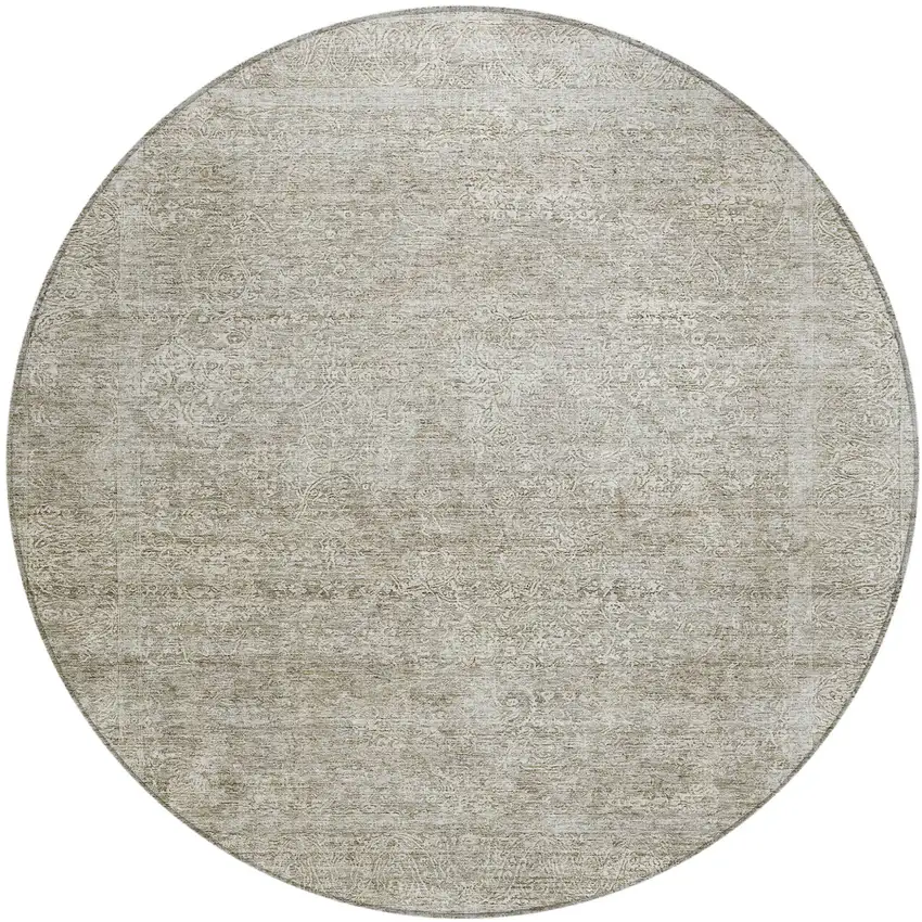 8' Linen And Gray Round Floral Washable Indoor Outdoor Area Rug Photo 2