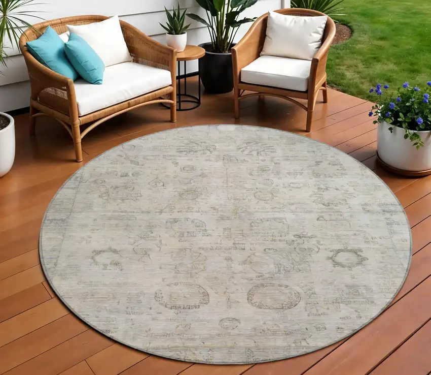 8' Linen And Gray Round Tribal Washable Indoor Outdoor Area Rug Photo 2