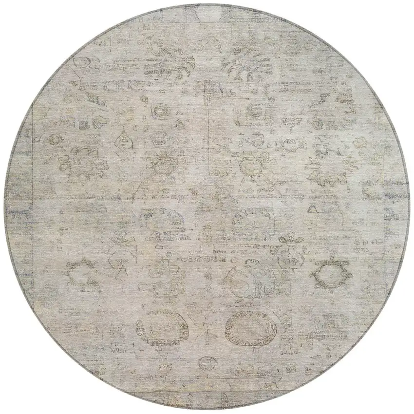 8' Linen And Gray Round Tribal Washable Indoor Outdoor Area Rug Photo 3