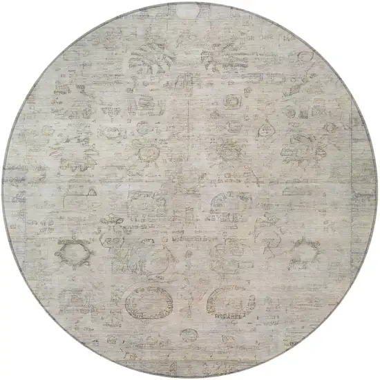 8' Linen And Gray Round Tribal Washable Indoor Outdoor Area Rug Photo 4