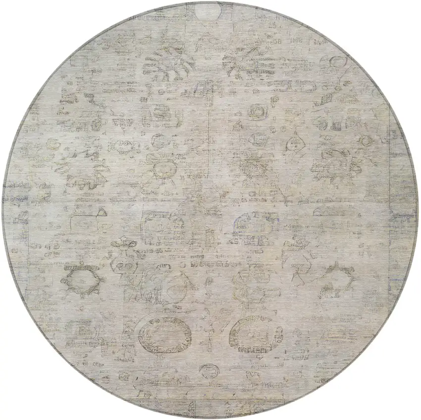 8' Linen And Gray Round Tribal Washable Indoor Outdoor Area Rug Photo 4