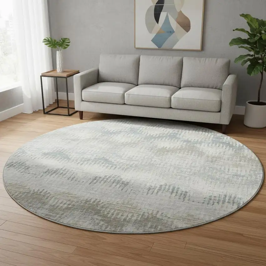 8' Linen And Ivory Abstract Washable Round Rug With UV Protection Photo 1