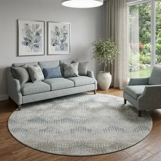 8' Linen And Ivory Abstract Distressed Washable Round Rug With UV Protection Photo 1