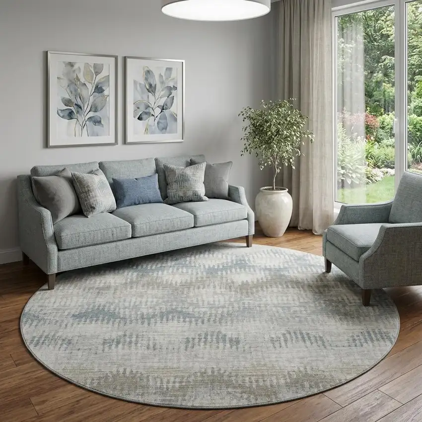 8' Linen And Ivory Abstract Distressed Washable Round Rug With UV Protection Photo 1
