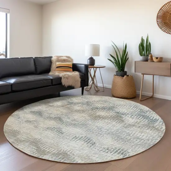 8' Linen And Ivory Abstract Washable Round Rug With UV Protection Photo 6