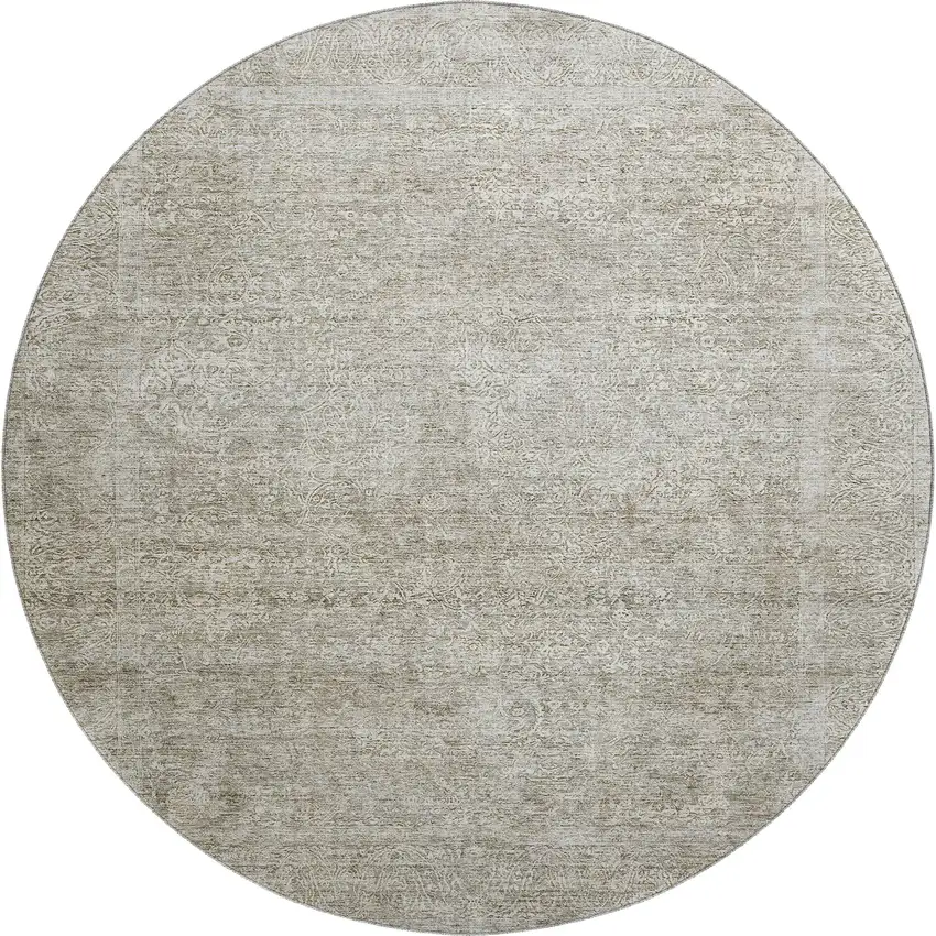8' Linen And Ivory Abstract Washable Round Rug With UV Protection Photo 1