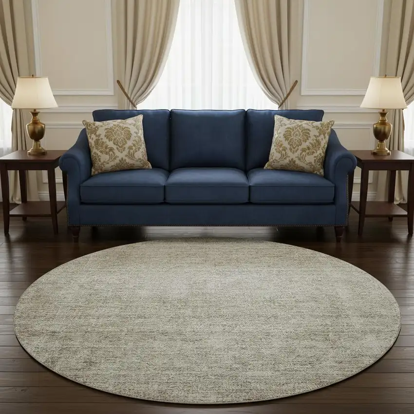 8' Linen And Ivory Abstract Washable Round Rug With UV Protection Photo 2