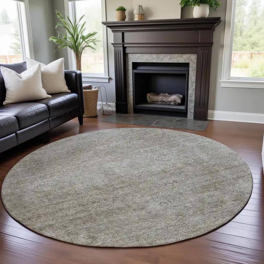 8' Linen And Ivory Abstract Washable Round Rug With UV Protection Photo 4