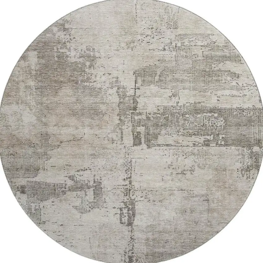 8' Linen And Ivory Abstract Washable Round Rug With UV Protection Photo 3