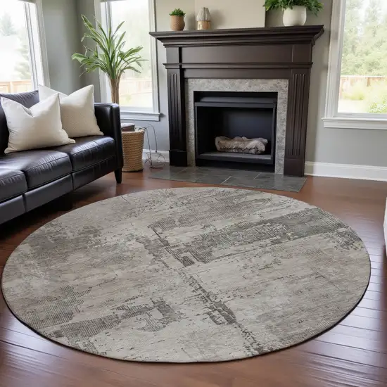 8' Linen And Ivory Abstract Washable Round Rug With UV Protection Photo 4