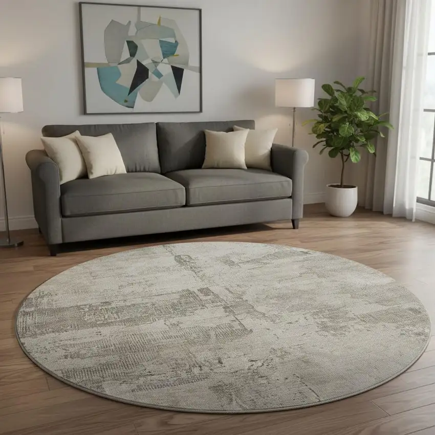8' Linen And Ivory Abstract Washable Round Rug With UV Protection Photo 2