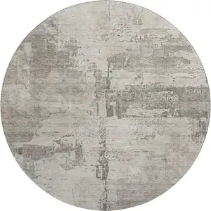 Photo of 8' Linen And Ivory Abstract Washable Round Rug With UV Protection