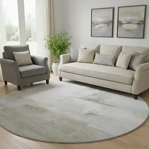 Photo of 8' Linen And Ivory Abstract Washable Round Rug With UV Protection