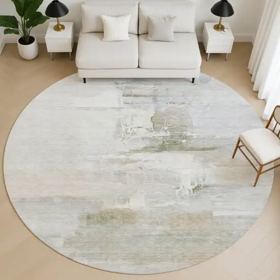 8' Linen And Ivory Abstract Washable Round Rug With UV Protection Photo 5