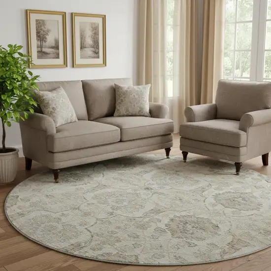 8' Linen And Ivory Floral Medallion Washable Round Rug With UV Protection Photo 1