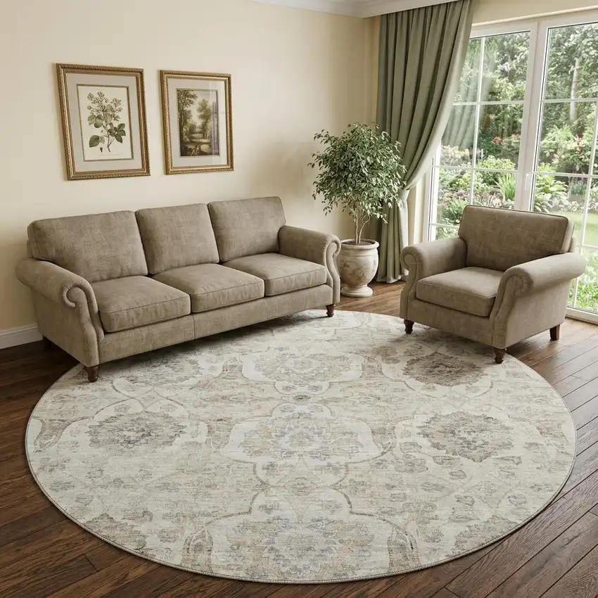 8' Linen And Ivory Floral Medallion Distressed Washable Round Rug With UV Protection Photo 1