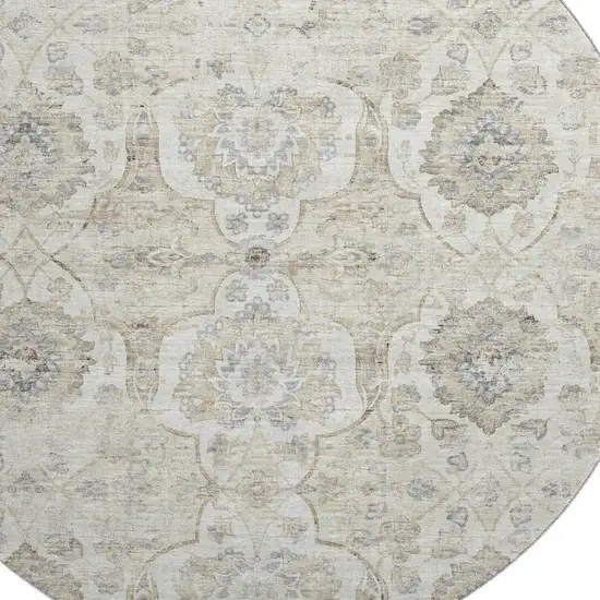 8' Linen And Ivory Floral Medallion Washable Round Rug With UV Protection Photo 5