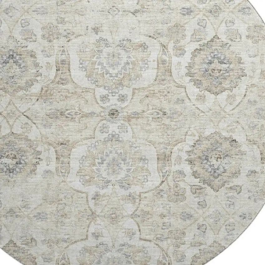 8' Linen And Ivory Floral Medallion Washable Round Rug With UV Protection Photo 5