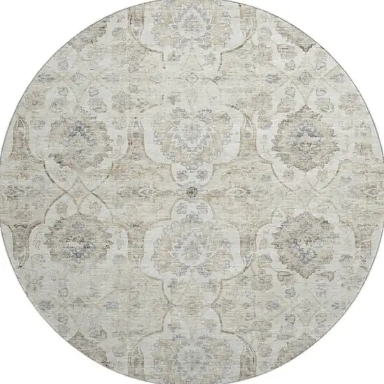 8' Linen And Ivory Floral Medallion Washable Round Rug With UV Protection Photo 6