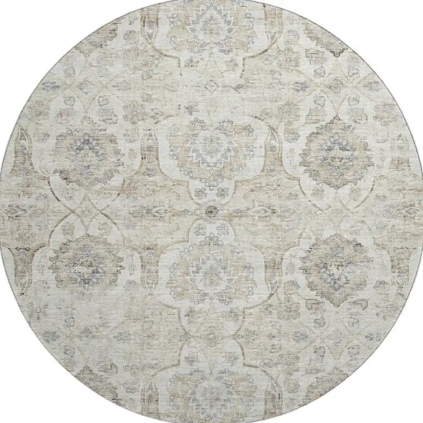 8' Linen And Ivory Floral Medallion Washable Round Rug With UV Protection Photo 6